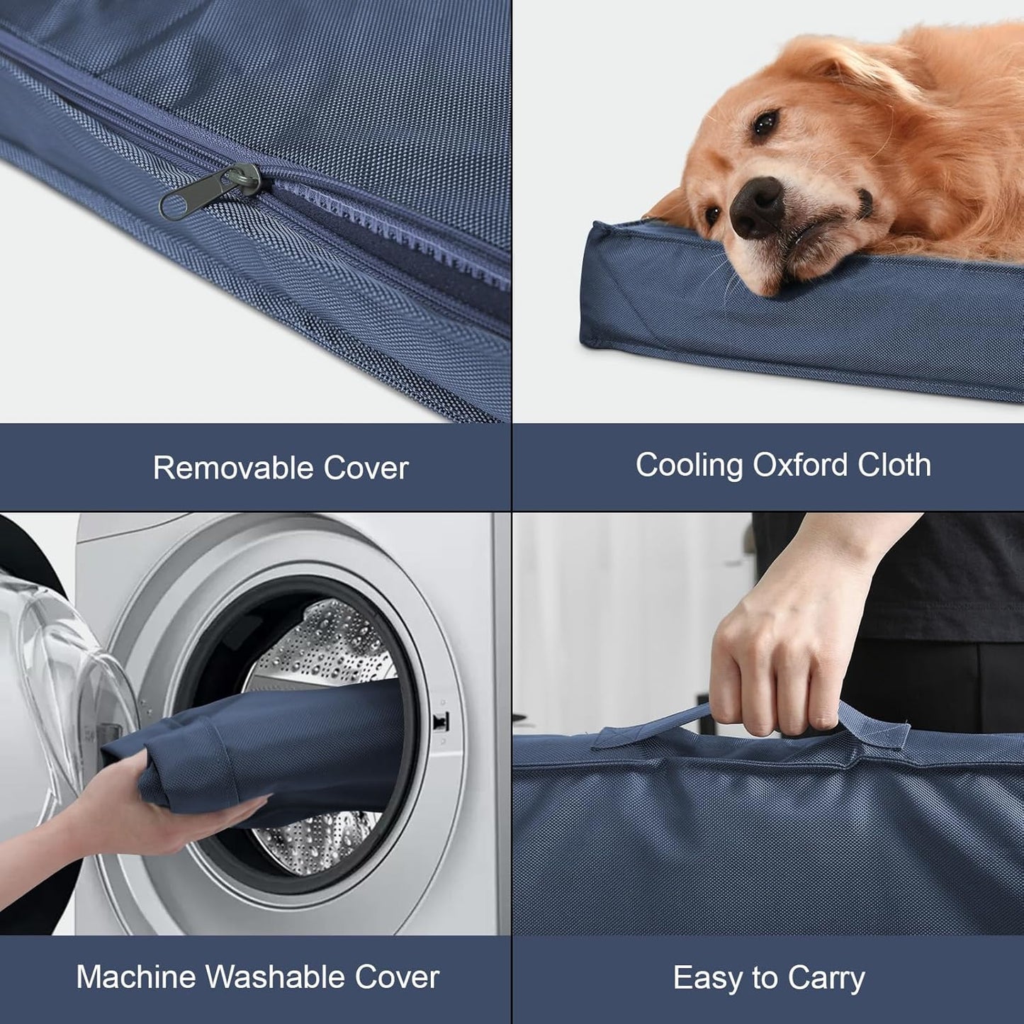 Large Outdoor All Weather Dog Bed, Waterproof Dog Bed for Large Dogs, Orthopedic Egg Foam Pet Bed with Washable and Removable Oxford Cooling Cover, Navy