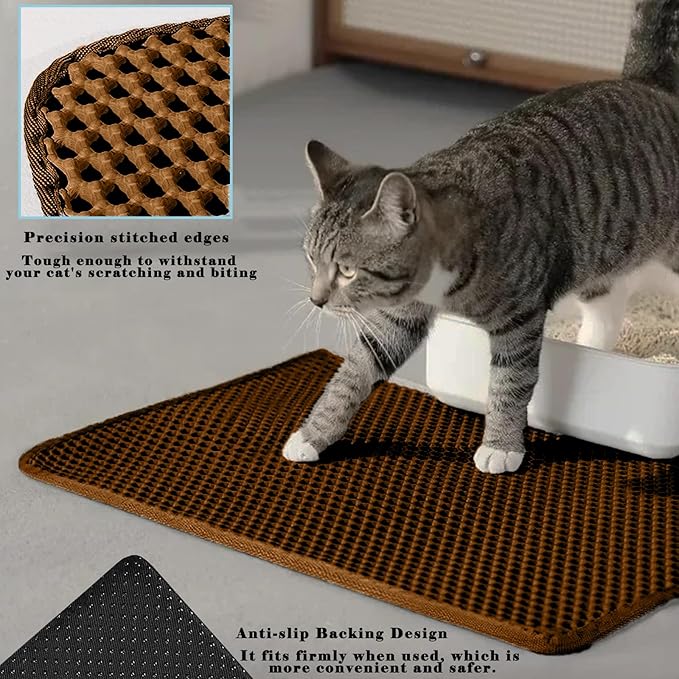 HCY&WLD Cat Litter Mat, Honeycomb Double Layer Cat Litter Trapping Mat, Waterproof Urine Proof Non-Slip, Scatter Control, Less Waste, Easier to Clean (Brown, 35" X 24")