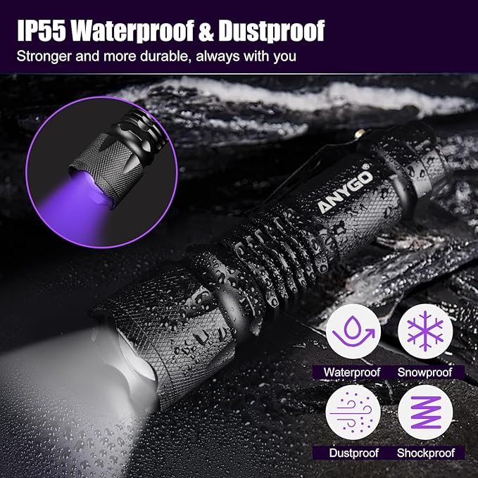 2-in-1 Black Light & White LED Flashlight, 395 nM UV Flashlight with Clip, 500Lm White LED Zoomable Tactical Flashlight, 4 Modes, IP55, UV Black Light for Pet Urine Detection, Resin Curing & Scorpions