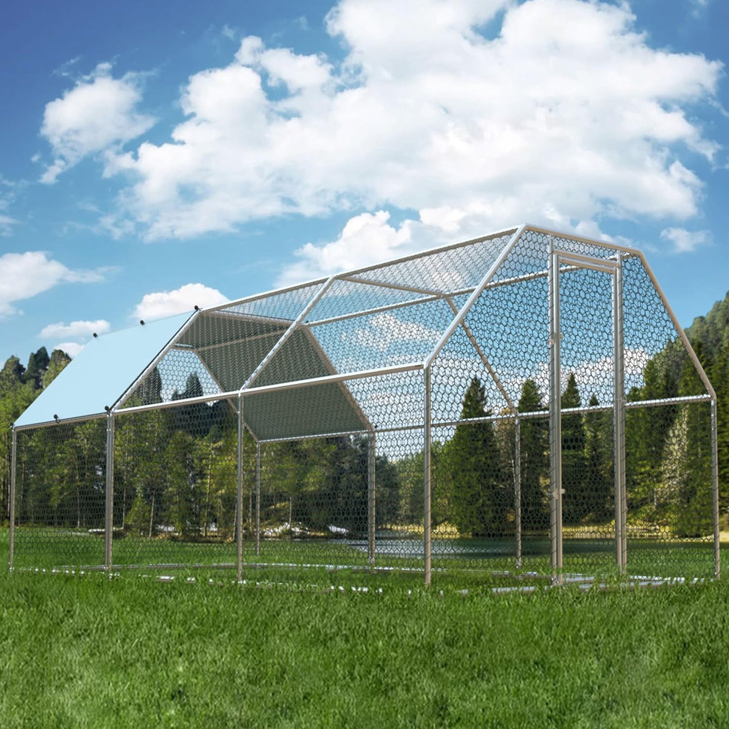 4ever2buy 1.26’’ Large Metal Chicken Coop Run Walk in, Chicken Pen for Chickens, Outdoor Chicken Runs Coops, Flat Roofed Chicken Runs for Yard with Anti-Ultraviolet Cover (9.2’L x18.7’Wx 6.4’H)