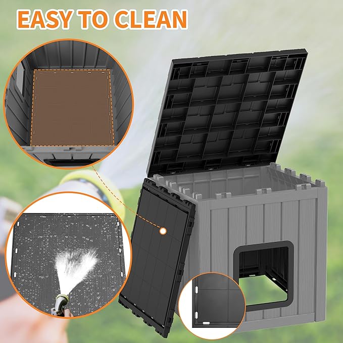 NUNU Outdoor Cat House – Weatherproof & UV Resistant PP Material Shelter with Sloped Asphalt Roof, Durable Cat Condo for Garden, Patio, and Backyard (Black, Large)