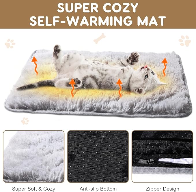 4 Pack Self Warming Cat Bed Pad Self Heating Dog Mat with Fluffy Faux Fur Plush Cat Calming Bed Thermal Mat Washable Pet Pad Anti Slip Bottom for Outdoor Indoor Pets(Grey,16" X 20")