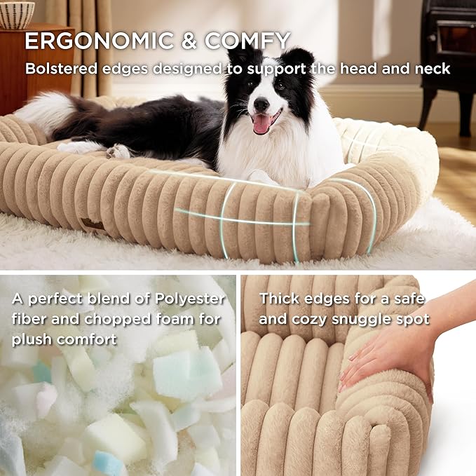 Bedsure Cute Dog Beds Large Sized Dog - Washable Furry Pet Beds, Rectangle Orthopedic Corduroy Fleece Puppy Beds with Removable Zipper Cover, 36x27x8inches,Sandy Tan