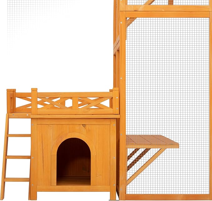 Merax 118 Inch Wooden Catio Outdoor Cat Enclosure,Large Luxury Kitty-House with 6 Jumping Platforms, 2 Bridges & Transparent PVC Roof, Kitty Kennel Condo Shelters and a Napping House, Natural