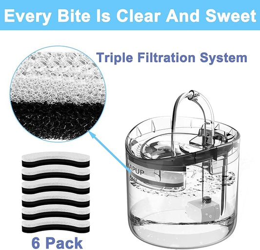 Cat Water Fountain Filter Replacement 6pcs Cat Fountain Filter Arc-shaped Washable Pet Fountain Filters with Triple Filtration System Activated Carbon for 1.8L HAPUP Dog Water Fountain