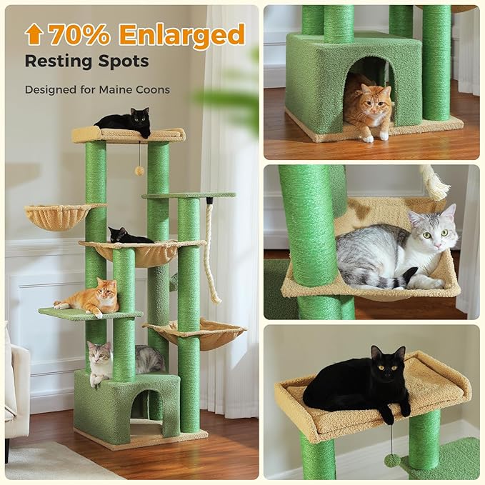 Cactus Cat Tree for Large Indoor Cats – 67" Tall Cat Tower with 13 Thick (φ4.3in) Scratching Posts, Spacious Top Bed, Metal Frame & Cozy Hammocks, Ideal for Maine Coon (Up to 20 lbs) - Green