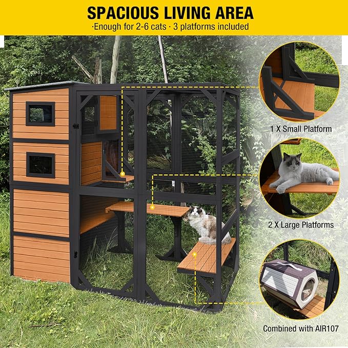Aivituvin Large Cat Catio 4 Tiers Cat Enclosures House for Outdoor Indoor Cats with Weatherproof Roof, 3 Resting Rooms, 3 Platforms, 5 Windows 70" H 77" L