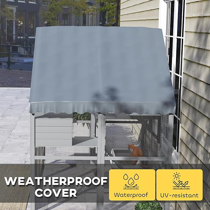 PawHut Large Catio Outdoor Cat Enclosure for Multiple Kittens, Wooden Cat House with Waterproof Cover, Walk in Kitty Cage Kennel with 2 Condos, 4 Platforms, Bridge, Doors, 73" x 55" x 74", Gray