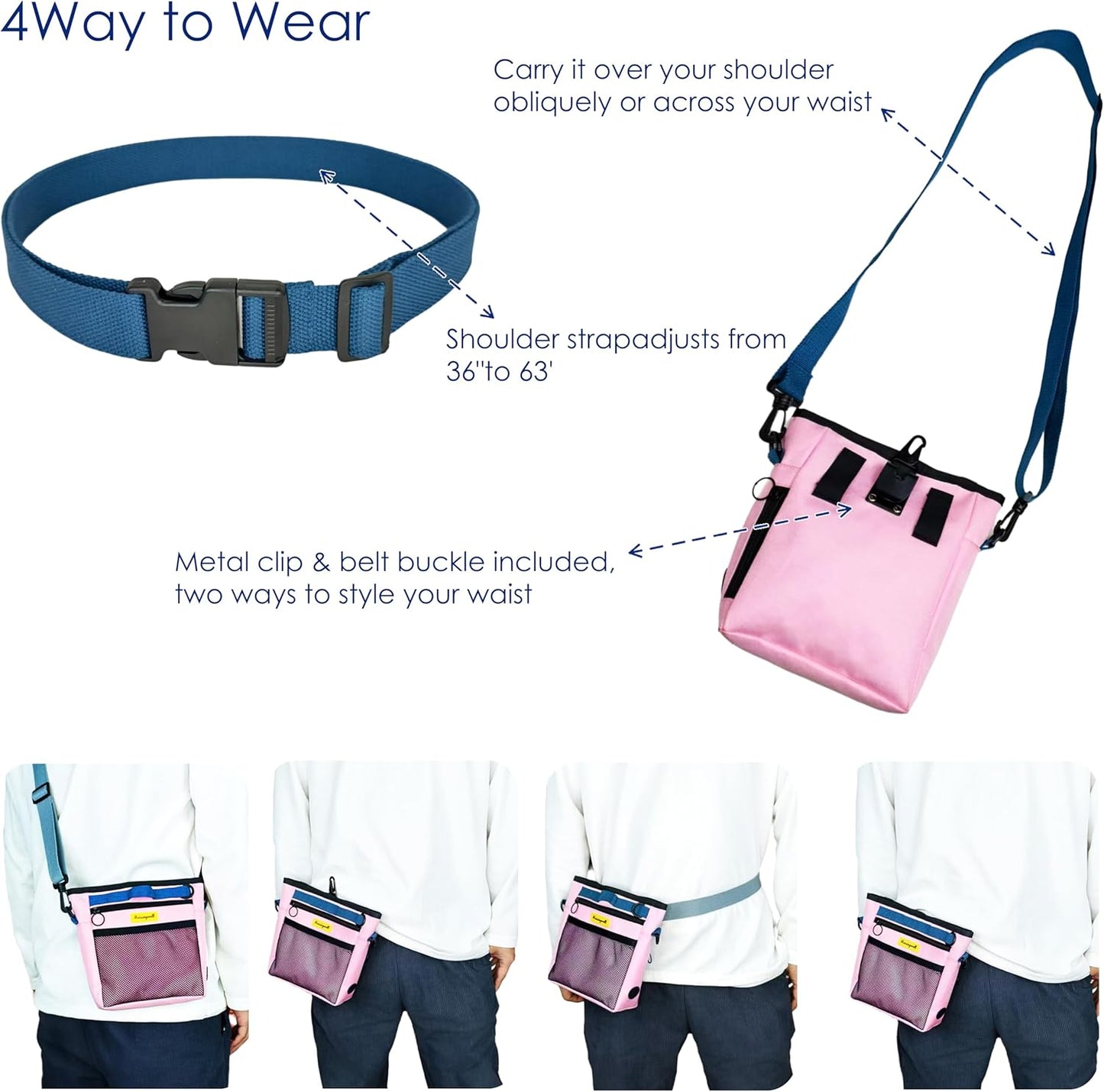 Dog Treat Pouch with Magnetic Closure 4-Cup Silicone Bag Fanny Pack Holder with Clicker 4 Ways to Wear Front Pocket Fits All Phones Ideal for Leash, Pet Walking and Training（Pink）