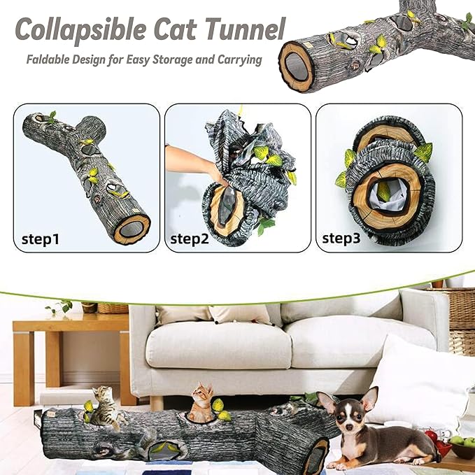 Cat Tunnel,3 Way Cat Toys,Tree Trunk Cat Tunnels for Indoor, Cat Maze for Kitty, Puppy, Kitten,Rabbit to Chase and Play, Collapsible Tube, Easy to Store Kitten Tunnel,L59,Tree Design Gift