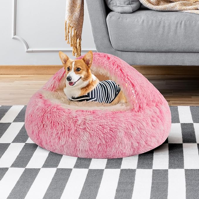 Round Hooded Cat & Dog Bed with Cover Cave, Faux Fur Cuddler - Self Warming Donut Bed Fits up to 12 lbs Pets (Pink, 20" x 20")