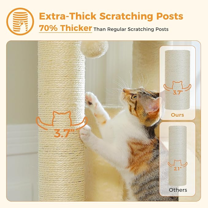 Large Cat Tree for Indoor Cats Large Adult, 57.8" Heavy Duty Cat Tower with Reinforced Scratching Posts (φ3.7in) and Plush Larger Hammock for Maine Coon & Big Cats, Supports 30lbs, Beige