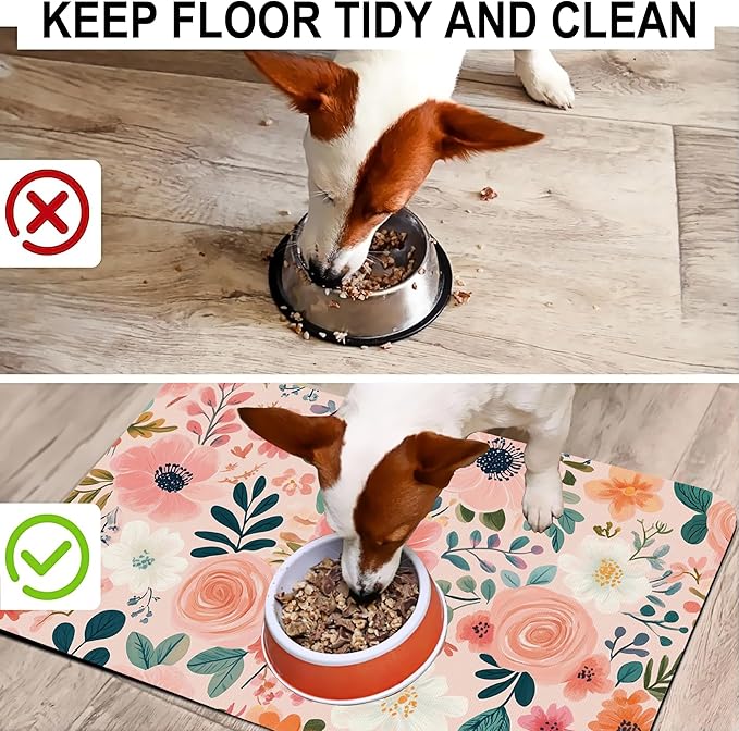 Boho Floral Pet Feeding Mat for Floors-Absorbent Dog Bowl Mat for Food and Water, Quick Dry Pet Cat Feeding Mats with Non Slip Bottom, Mess-Free Dog Accessories 12"x20"