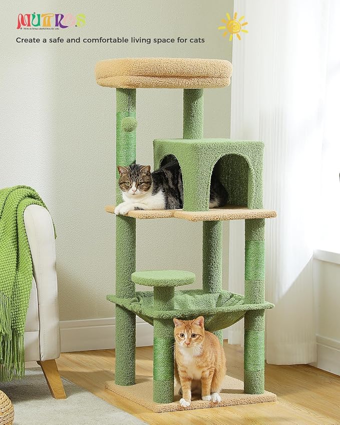 Cactus Cat Tree for Indoor Cats, 45.7" Multi-Level Cat Tower with Large Metal Frame Hammock, Cat Condo with 4 Scratching Posts and Top Perch, Green