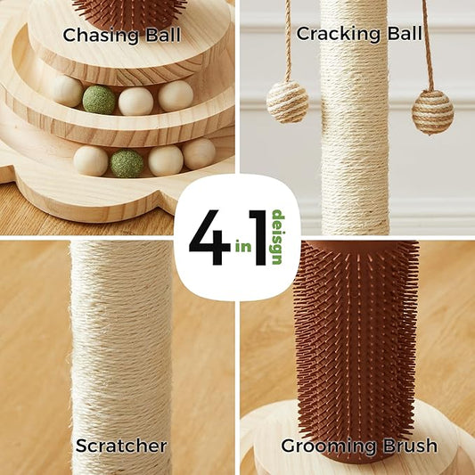 Cat Sisal Scratching Post, 4 in 1 Wooden Cat Scratcher Toy with Groomer, 24" Tall Scratch Post with 2-Layer Interactive Track Balls, Cat Climbing Tree with 2 Hanging Balls for Kittens