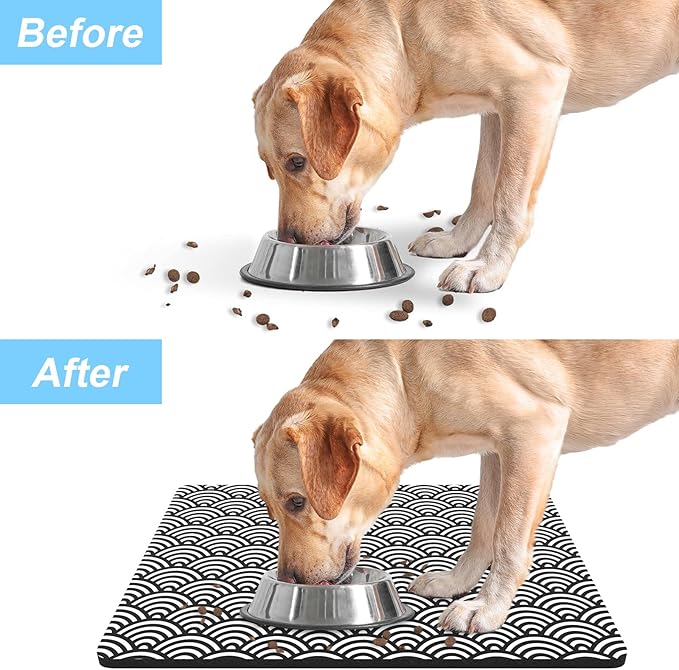 Rnivvi Dog Food Mat, 16" x 24" Absorbent Dog Cat Bowl Mat for Food and Water, Cute Anti-Slip Rubber Pet Feeding Rug Protect Floors, Puppy Placemat for Feeding & Watering Supplies,Gray Rounded Wave