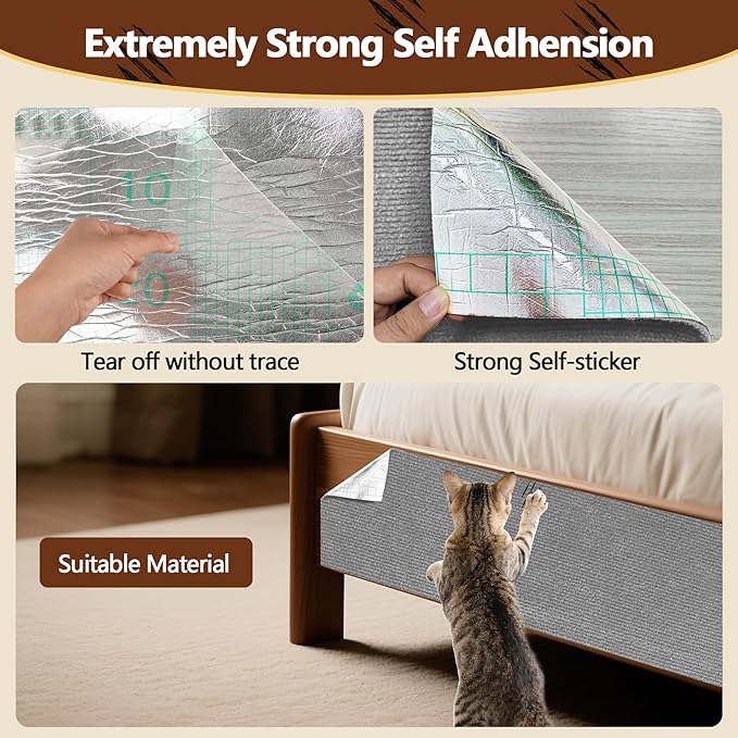 Cat Scratch Furniture Protector, 39.4"x15.8" Self Adhesive Cat Scratch Mat Pad,Cut to Fit DIY Replacement Carpet for Tree,Wall,Bed,Door, Couch Protector (Light Grey)