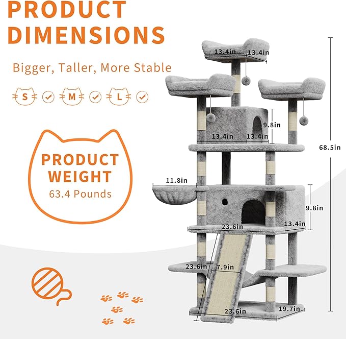 68.5 Inch Multi-Level Cat Tree, Plush Cat Tower with Condo/Sisal Scratching Posts/Hammocks/Basket/Dangling Ball/Platform, Heavy Duty Cats Tree to Play and Sleep, 2601#Light Grey