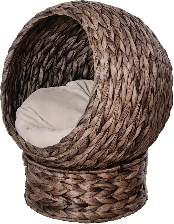 PawHut Handwoven Elevated Cat Bed with Soft Cushion & Egg Chair Shape, Basket Kitty House with Stand, Raised Wicker Cat Bed for Indoor Cats, 23.5" H, Gray