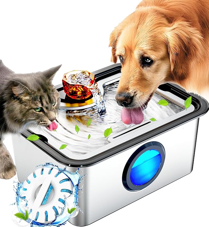 3Gal Large Ultra-Purification Dog Water Fountain SS304,Dog Cat Drinking Bowl Dispenser with Visual Window,Widely Drinking Area,Deep Purification Filter,Triple Waterfall Structures,Low Water Indicator