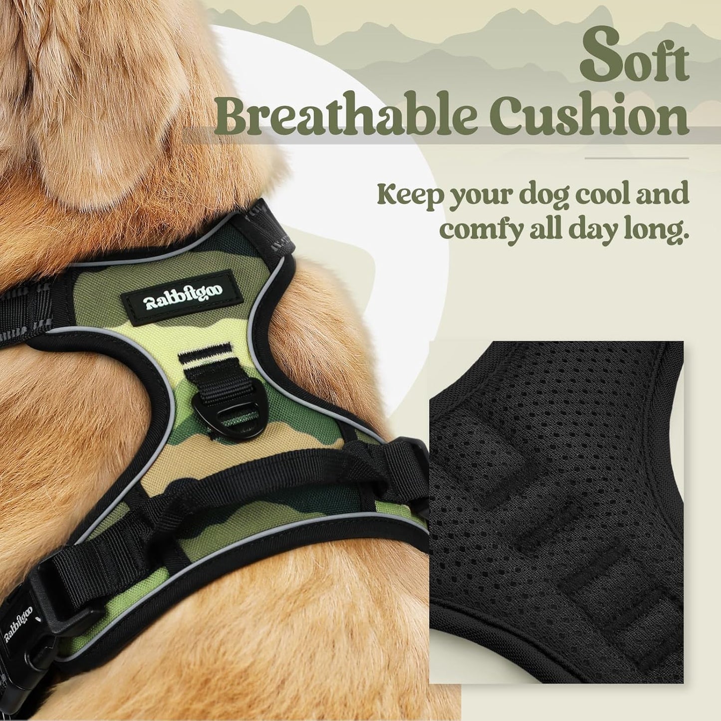 rabbitgoo Dog Harness No Pull with 2 Leash Clips, Adjustable Soft Padded, Reflective Oxford No Choke Pet Vest with Easy Control Handle for Large Dogs, Green Mountain, M