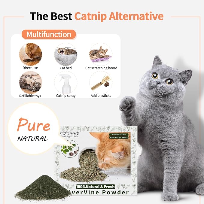 Cat Toys - Blend Silvervine Powder 45g with 5 Reusable Pouches, Catnip Alternative, 100% Natural Silver Vine Gall Fruit Powder & Silvervine Leaves, Suitable for All Cat Ages