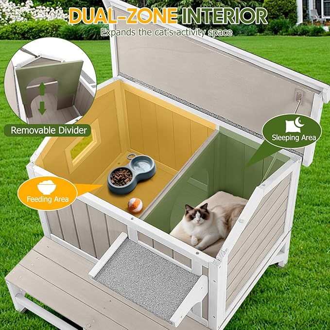 Cat Houses for Outdoor Cats with Balcony Weatherproof Outside Feral Cat Shelter, Wooden Pet House with Raised Base and Openable Asphalt Roof for Cats and Small Animals