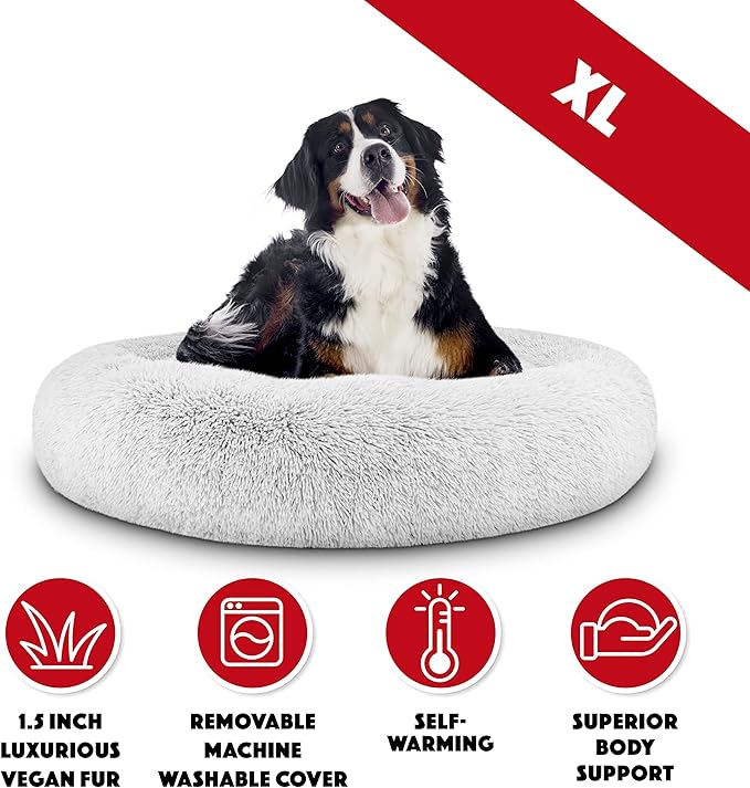 The Dog's Balls Sound Sleep Donut Dog Bed, Ice White Fur XL, Veterinary Approved