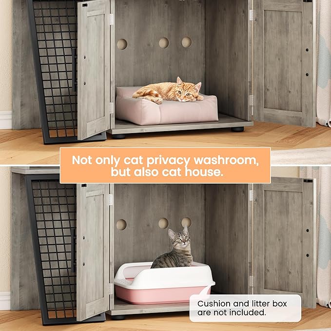 Cat Litter Box Furniture, Modern Cat Cabinet with Side Door, Double Layer Hidden Litter Box Enclosure & Pet House, Villa Style Cabinet with Side Door and Ladder for Indoor Cats