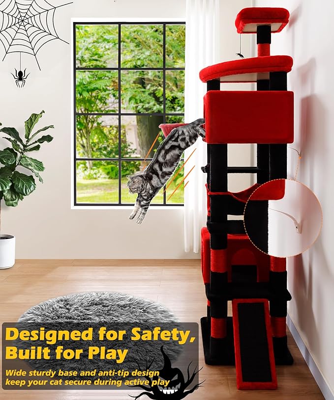 AMHANCIBLE Large Gothic Cat Tree, 83 Inch Tall Tower for Indoor Adult Cats, with Scratching Post and Board, Hammock, Condos, Hanging Basket, Activity Center to Play and Sleep, Black Red, PT21RD