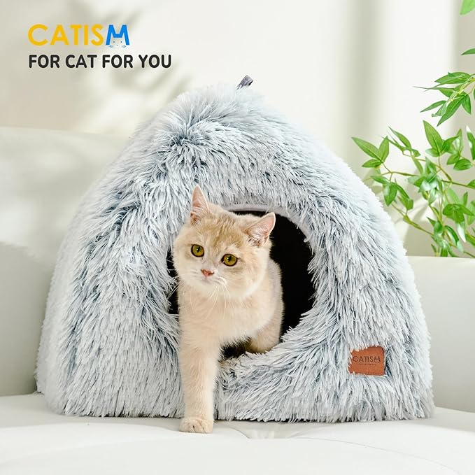 CATISM Cat Bed, Cat Cave for Indoor Cats, Soft Cat Dome, Self-Warming 2 in 1 Foldable Pet Cat House with Washable Cushioned Pillow Calming Fluffy Dog Beds for Small Dogs with Anti-Slip Bottom Gray