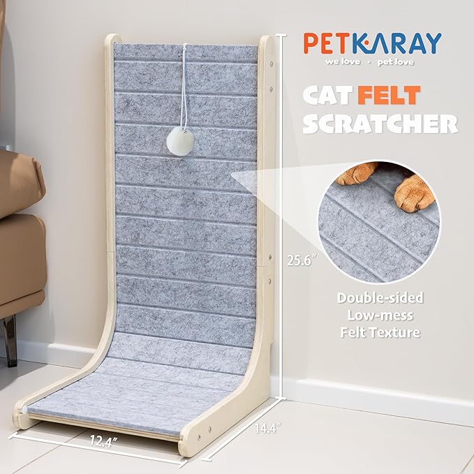 PETKARAY Felt Cat Scratcher, Vertical Cat Scratching Pad, Scratch Resistant Couch Carpet Scratcher, Slot-Free Scratch Board with Toy Ball, Light Grey