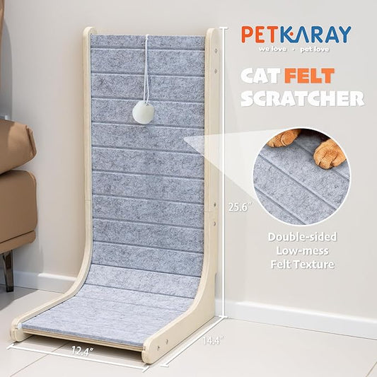 PETKARAY Felt Cat Scratcher, Vertical Cat Scratching Pad, Scratch Resistant Couch Carpet Scratcher, Slot-Free Scratch Board with Toy Ball, Light Grey