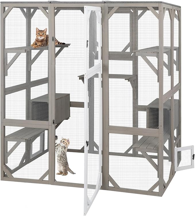 Catio Outdoor Cat Enclosure Cat House, Large Wooden Walk-in Cat Cage Condo Indoor Playpen with Multi Platforms, Flat Roof, and 2 Resting Box (Grey, 70.9" L x 36.5" W x 70.9" H)