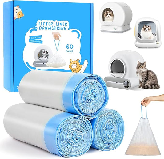 60 Count Cat Litter Box Liners Bags, Extra-Thick Cat Waste Bags for Self-Cleaning Litter Box, Drawstring Litter Liner Trash Bags for Automatic Box Self Cleaning-17.7" x 19.68"