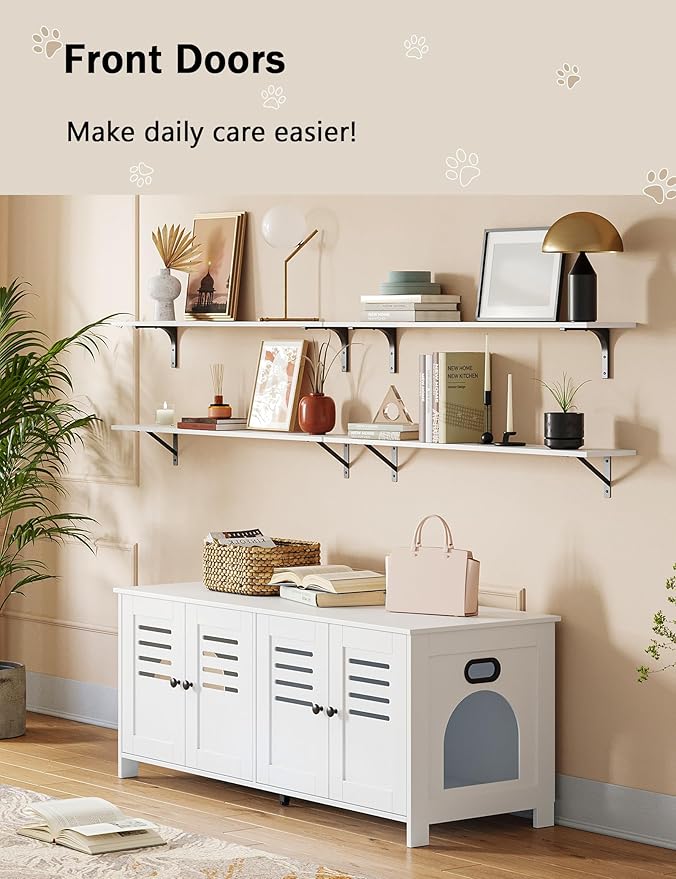 DINZI LVJ Litter Box Enclosure for 2 Cats, Hidden Litter Box Furniture with Double Rooms, Dual Cat Litter House, Front Doors, 47.2" Wooden Hidden Cat Washroom, Side End Table, TV Stand, White