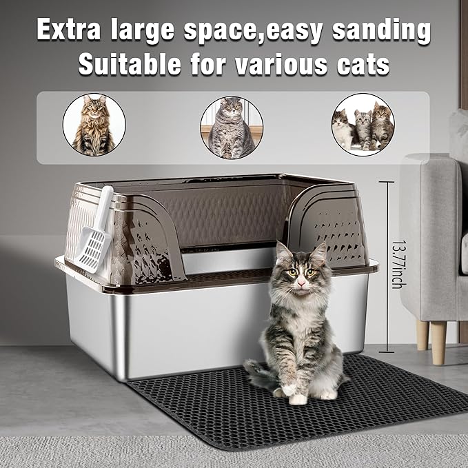 Suhaco Extra Large Stainless Steel Litter Box with Lid XXXL High Sided Cat Litter Boxes Included Litter Mat & Litter Scoop Anti-Urine Leakage Metal Pet Toilet for Big Cats (Black XXXL)