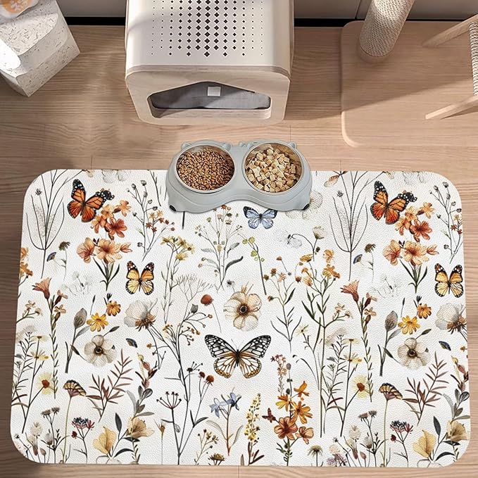 Wildflower Butterfly Dog Food Mat Absorbent Bowl Mats No Stains Quick Dry Waterproof Pet Cat Placemats for Food and Water, 30x45cm