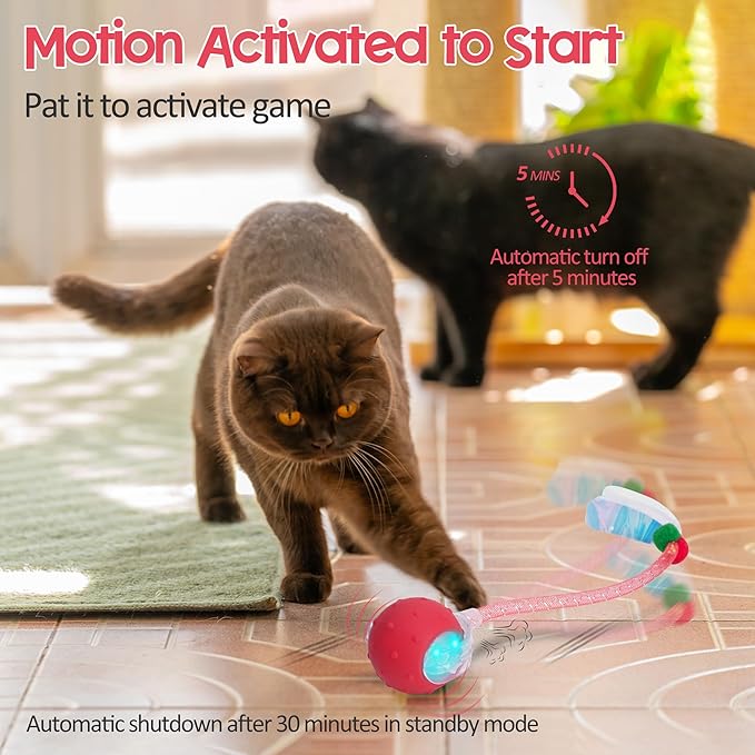 Interactive Cat Toys Ball for Indoor Cats, 2025 New Generation Automatic Moving Ball Toy with Elastic Mesh Tail, Chirping & Obstacle Avoidance and Motion Activated, Red【Rechargeable】