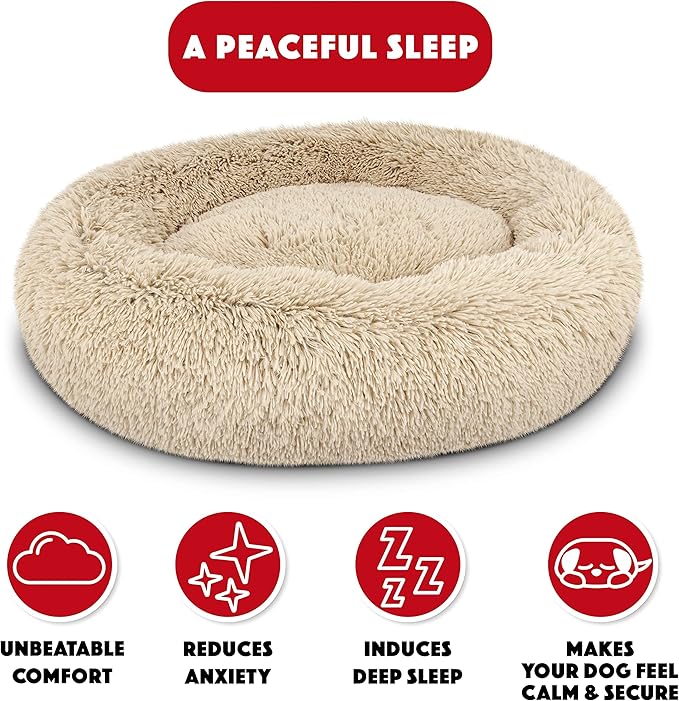 The Dog’s Bed Sound Sleep Donut Dog Bed, Med Dog Beige Fur Calming Nest Bed, Veterinary Approved