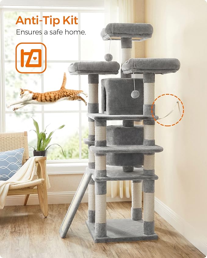 Feandrea 67 Inches Multi-Level Cat Tree for Large Cats, with Cozy Perches, Stable, Light Gray UPCT18W