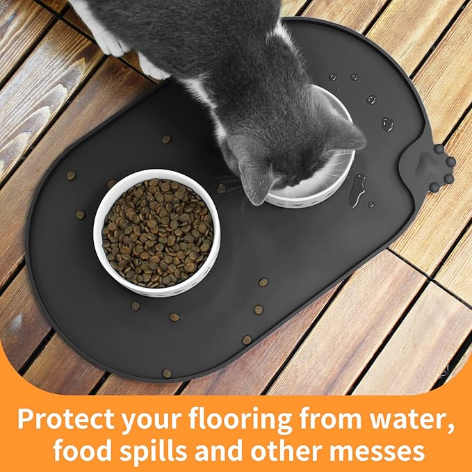 KPWACD Pet Placemat for Dog and Cat, Waterproof Silicone Dogs Feeding Bowl Mat Prevent Food and Water Overflow, High-Lips Puppy Dish Mats Suitable for Small Medium Big Pets, Black, 24" * 16"