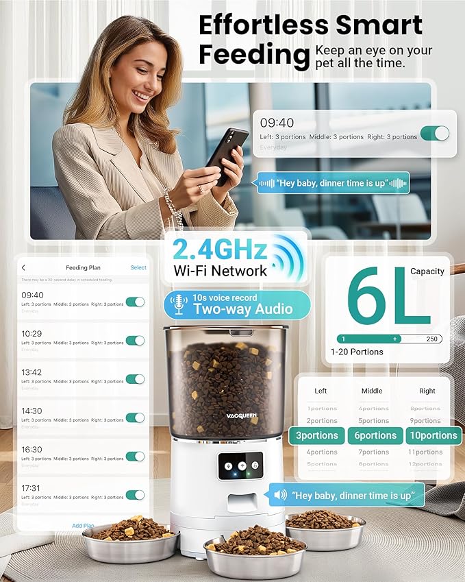 Smart WiFi Automatic Cat Feeder for 3 Cats, Strong Anti-Jam System, Dual-Effect Desiccant Cat Food Dispenser, 6L Pet Feeder with 10S Voice Recorder for Cats and Small Dog(Bright White)