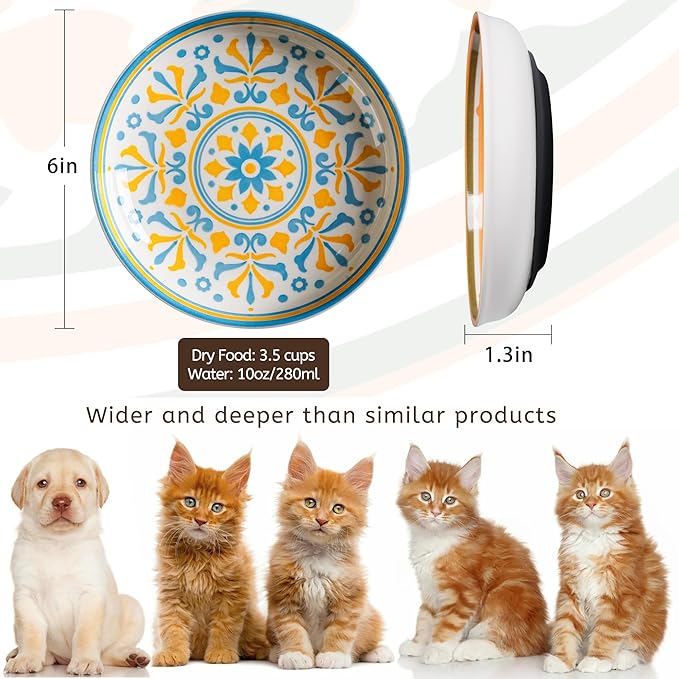 Cat Bowls, Non-Slip Ceramic Cat Food Bowl Set with Silicone Base, Whisker Friendly Cats Dishes, 6 Pack Cute Plates for Feeding Indoor Cats, Kitten, Small Dogs (Multi6, Deeper)