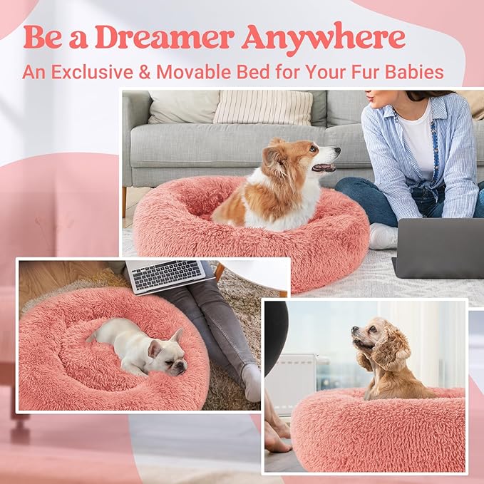 rabbitgoo Calming Dog Bed for Small Medium, 30 inches Pet Bed Machine Washable, Non-Slip Round Fluffy Plush Faux Fur Large Cat Cushion, Soft Donut Cuddler Cushion for Small Dogs, Pink