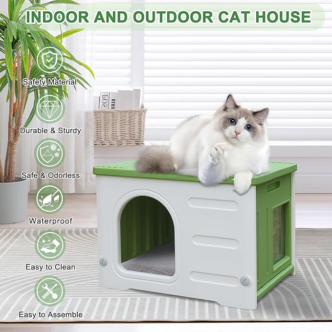 Plastic Cat House for Outdoor Indoor Use, Feral Cat Shelter Indoor Stackable Cat House Insulated Weatherproof Waterproof with Mat-Green