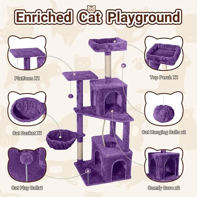 Cat Tree, 54-Inch Cat Tower for Indoor Cats,Plush Multi-Level Cat Condo with Scratching Posts, Basket, Perches,2 Caves,2 Pompoms(Purple)