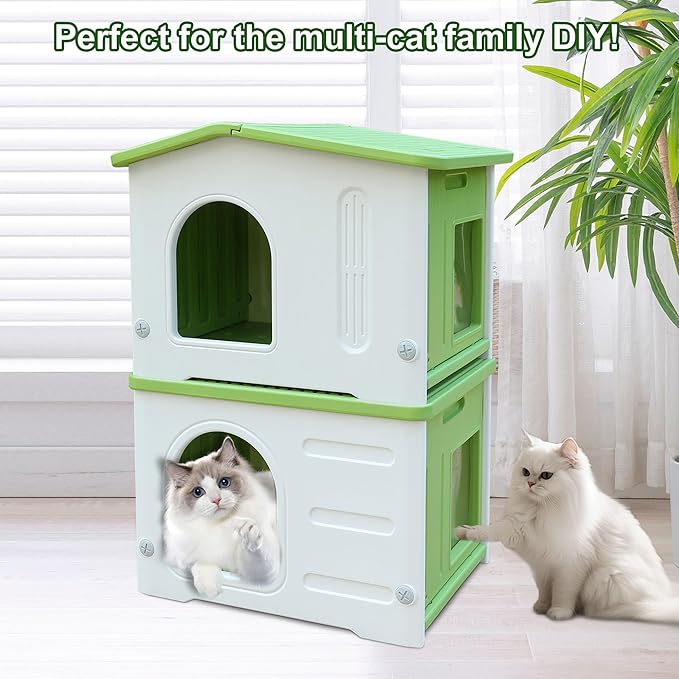 Plastic Cat House for Outdoor Use, Stackable Feral Cat Shelter Indoor Outside Cat House Insulated Weatherproof Waterproof with Cat Mat - Green