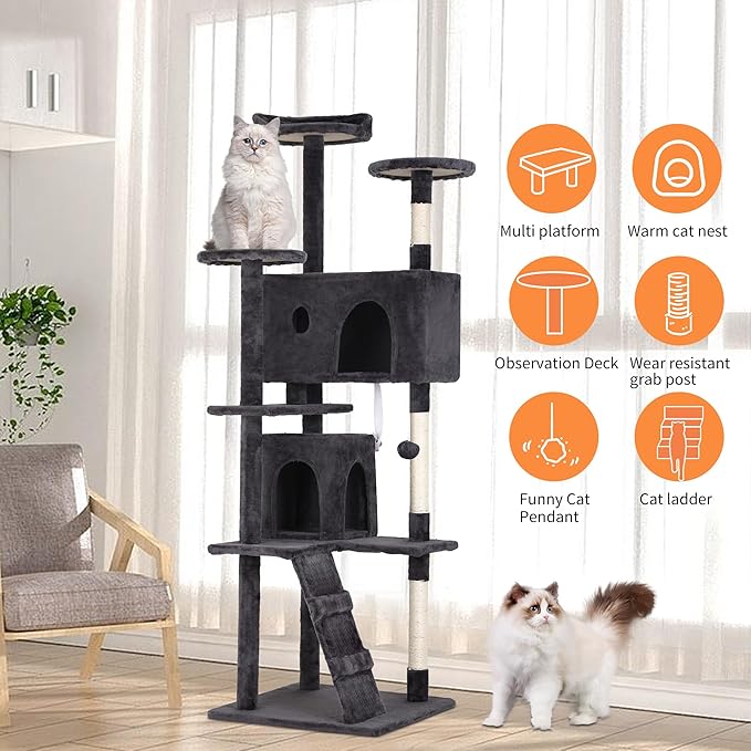 BestPet | 70" Cat Tree Tower | Dark Gray | Sturdy, Easy to Assemble, Multi-Level Activity Center with Sisal Scratching Posts, Condos, Perches, Hanging Cat Toys, Observation Decks & Ladder