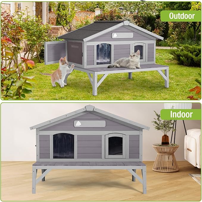 GUTINNEEN Outdoor Cat House Weatherproof with 3 Entry Doors, Elevated Base & PVC Curtain, Indoor/Outdoor Kitty Shelter for Small-Medium Pets
